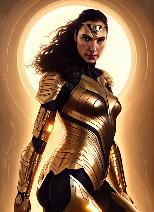 Prompt: symmetry!! portrait of gal gadot, gold sci - fi armour, tech wear, glowing lights!! sci - fi, intricate, elegant, highly detailed, digital painting, artstation, concept art, smooth, sharp focus, illustration, art by artgerm and greg rutkowski and alphonse mucha