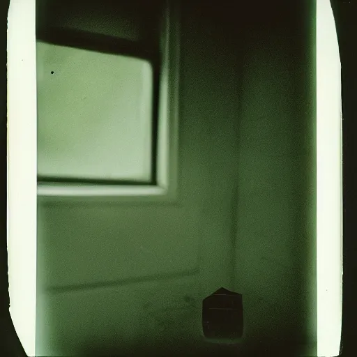 Image similar to dark room with a face peeking through a window, old polaroid, expired film, eerie,