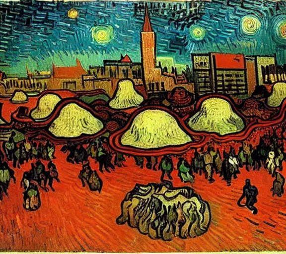 Image similar to a giant triangular dumpling with meat in the center eats people in the city of the future, people run and scream, by van gogh, realism, futurism