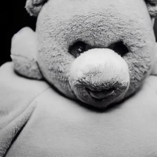 Image similar to Portrait studio photograph of Kanye West as a anthropomorphic teddy bear, close up, shallow depth of field, in the style of Felice Beato, Noir film still, 40mm