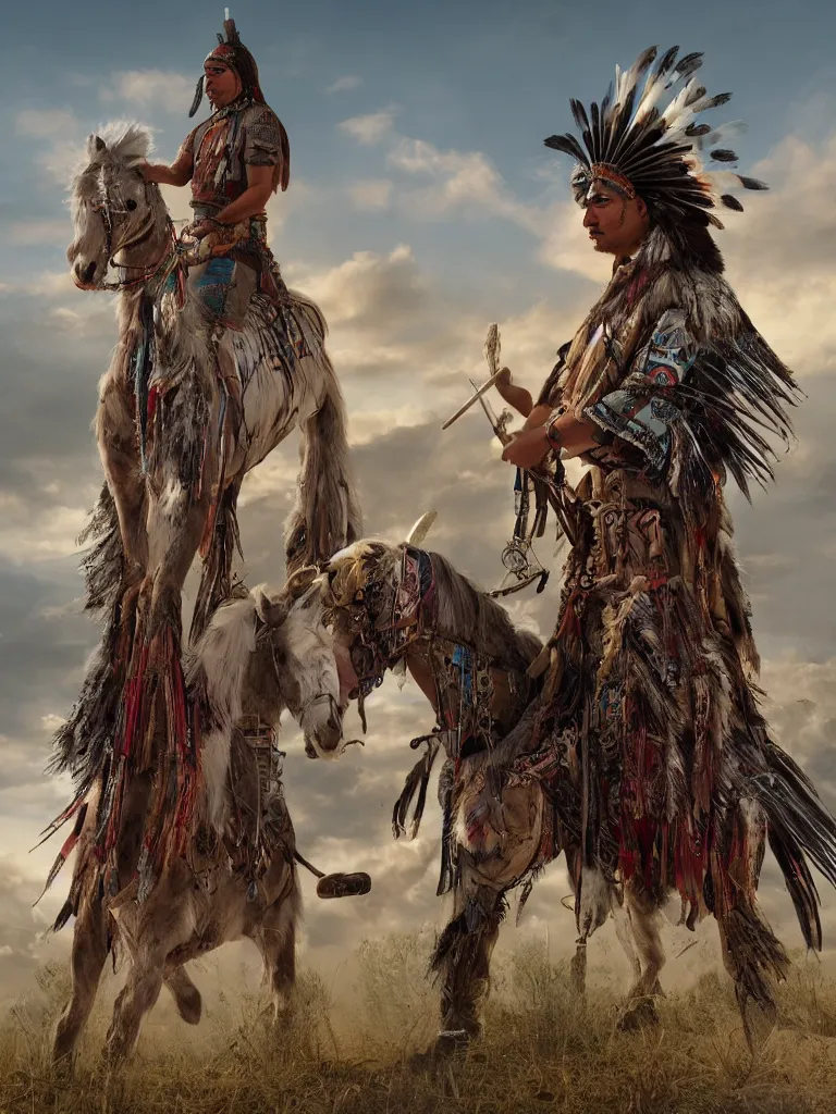 Prompt: one American Indian warrior and his horse, sacred feathers adorn, valley of quartz crystals, hyper realistic, dystopian, solarpunk, Mayan gods, realism, magical imagery, best algorithm, digital cinema camera, cooke lens feel, wide angle, 3D modelling, digital art, art by Zbrush