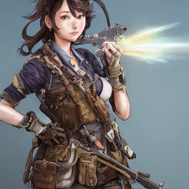 Image similar to the portrait of lawful neutral semi - colorful female infantry gunner as absurdly beautiful, gorgeous, elegant, young anime girl, an ultrafine hyperdetailed illustration by kim jung gi, irakli nadar, intricate linework, bright colors, octopath traveler, final fantasy, unreal engine 5 highly rendered, global illumination, radiant light, detailed and intricate environment