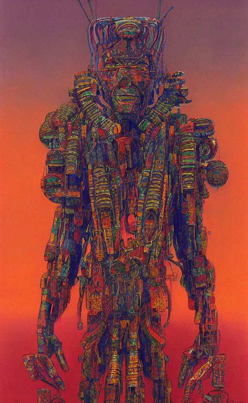 Image similar to portrait of mecha african tribal chief, symmetrical, dramatic lighting, colourful, art by zdzislaw beksinski,