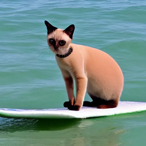 Prompt: siamese cat plays surfing