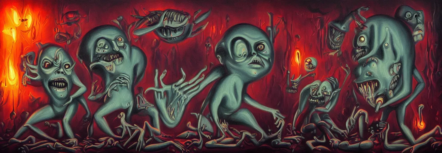 Image similar to visceral freaky obsessive monsters from the darkest depths of collective unconscious, dramatic glowing lighting, 1 9 3 0 s fleischer cartoon characters, wild emotional expressions - surreal painting by ronny khalil