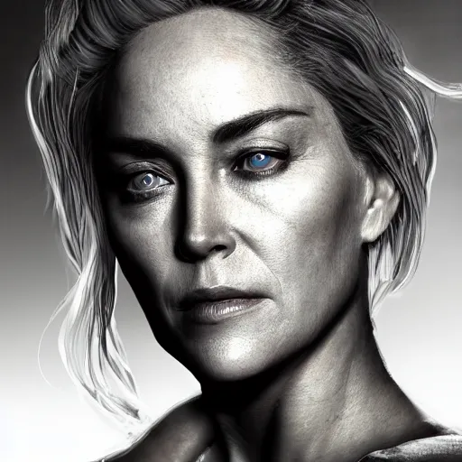 Prompt: sharon stone portrait, dystopia core, apocalyptic, armor, warrior, dramatic, sharp focus, fiction, neon, fantasy, hyper detailed, digital art, trending in artstation, cinematic lighting, studio quality, smooth render, unreal engine 5 rendered, octane rendered, art style and nixeu and wlop and krenz cushart