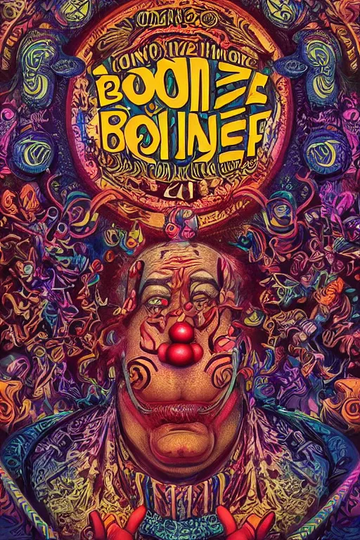 Prompt: Flowing lettering that says The Bozone, Fillmore concert poster for The Bozone by Robert Crumb, by Victor Moscoso, by Laurie Lipton, black light velvet poster, intricate paisley filigree, Bozo the clown. Clown motif, Shiny bulbous red clown nose at the center of an infinite fractal mandala tunnel of clowns, Unreal Engine, Cryengine, Artstation