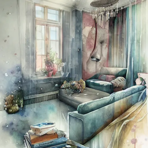 Prompt: watercolor living room by anna dittmann, by marco mazzoni