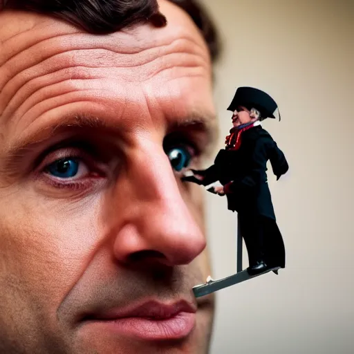 Image similar to closeup portrait of a tiny emmanuel macron dressed as napoleon standing on a desk, macro photo, bokeh, natural light, sharp, detailed face, magazine, press, steve mccurry, david lazar, canon, nikon, focus