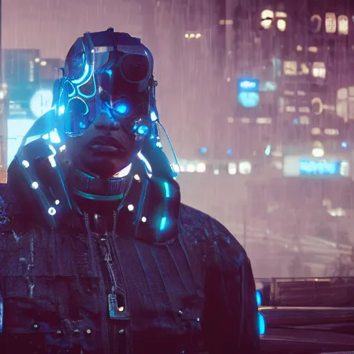 Prompt: during doomsday man with blue energy wings flying in cyberpunk city, high detail, realistic, symmetrical face, art by unreal engine 5 art