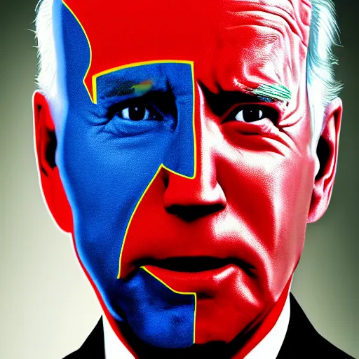 Image similar to portrait of asphalt face, joe biden, primary colors, faceted reflections, angry looking at camera, lasers shooting out of eyes, outdoor, black sky, 8 k, realistic, depth of field, highly detailed, award winning photography.