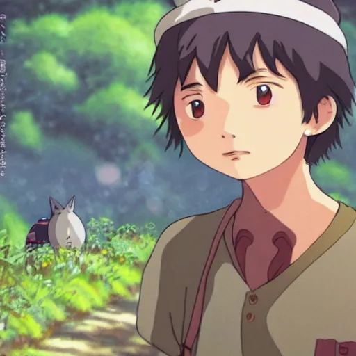 Image similar to friendly guy and small creature , with Fragile looking character portrait face made by Studio Ghibli highly detailed art, beautiful scene, sharp focus, smooth, 8k, anime art