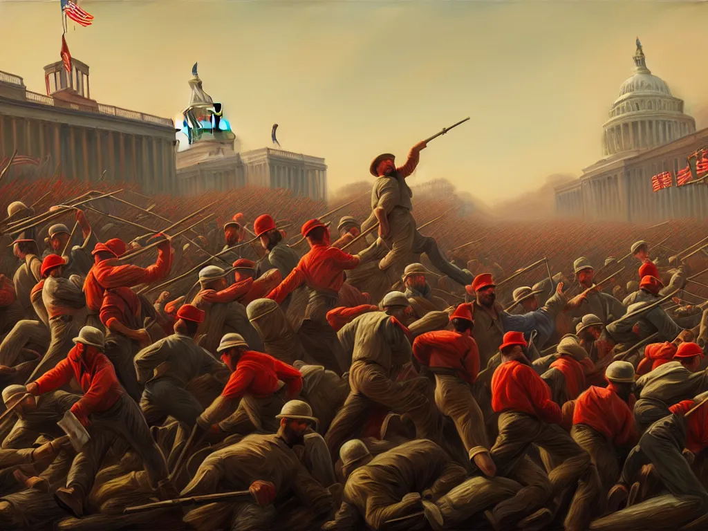 Image similar to landscape painting of the proletariat taking over the means of production in the united states, digital painting, movement, victory, loss, highly detailed, 4 k, art by miguel alandia pantoja