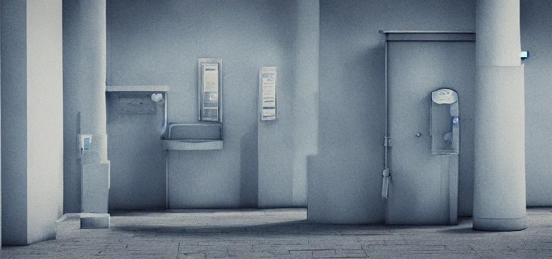 Prompt: a ghost queuing to use a public toilet, cinematic, blue, digital art