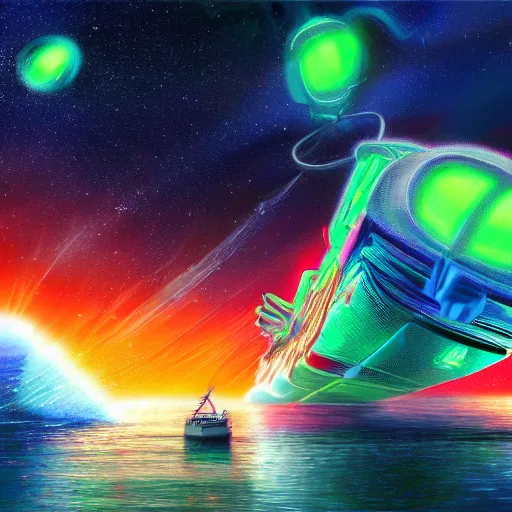 Prompt: electric neon sheep merged with a giant ship in space, oil painting, highly detailed, sharp smooth focus, art by Victor Safonkin, 8k wallpaper