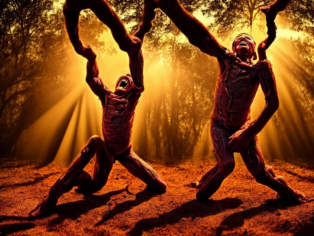 Prompt: award - winning color photo of a skinned man painfully transforming into an oak tree, screaming in agony, a blinding sun in the background, the soil is on fire, chiaroscuro, awe, terror, beauty