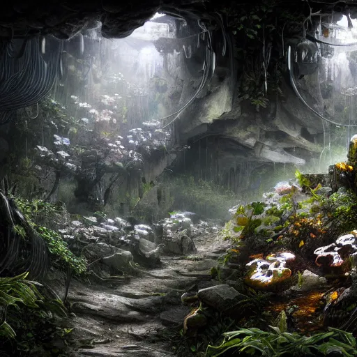 Image similar to biocomputer heart and white biocomputer flowers and biomechanical flowers in a cave forest, intricate environment, matte painting, diffused lighting, highly detailed cinematic, epic composition, highly detailed, atmospheric, wide angle, artstation trending