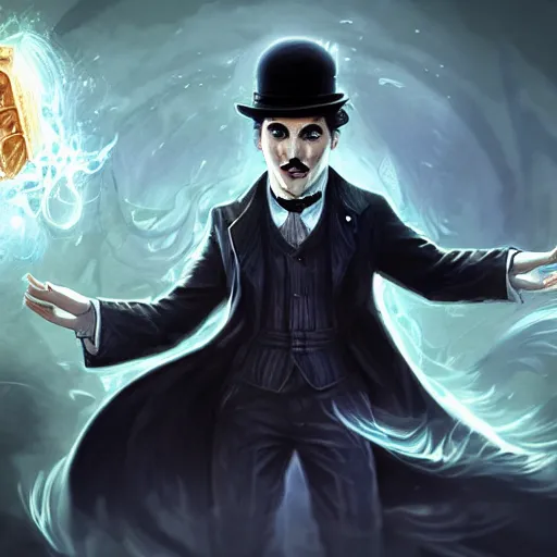 Image similar to portrait of charlie chaplin as a spellcaster, league of legends amazing splashscreen artwork, splash art, natural light, elegant, photorealistic facial features, intricate, fantasy, detailed face, atmospheric lighting, anamorphic lens flare, cinematic lighting, league of legends splash art, hd wallpaper, ultra high details by greg rutkowski