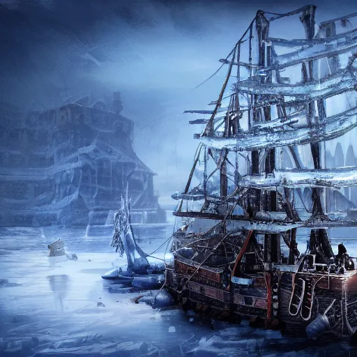 Prompt: pirate ship encased in ice in an icy bay, tilt shift, frostpunk, artwork by hiornaka