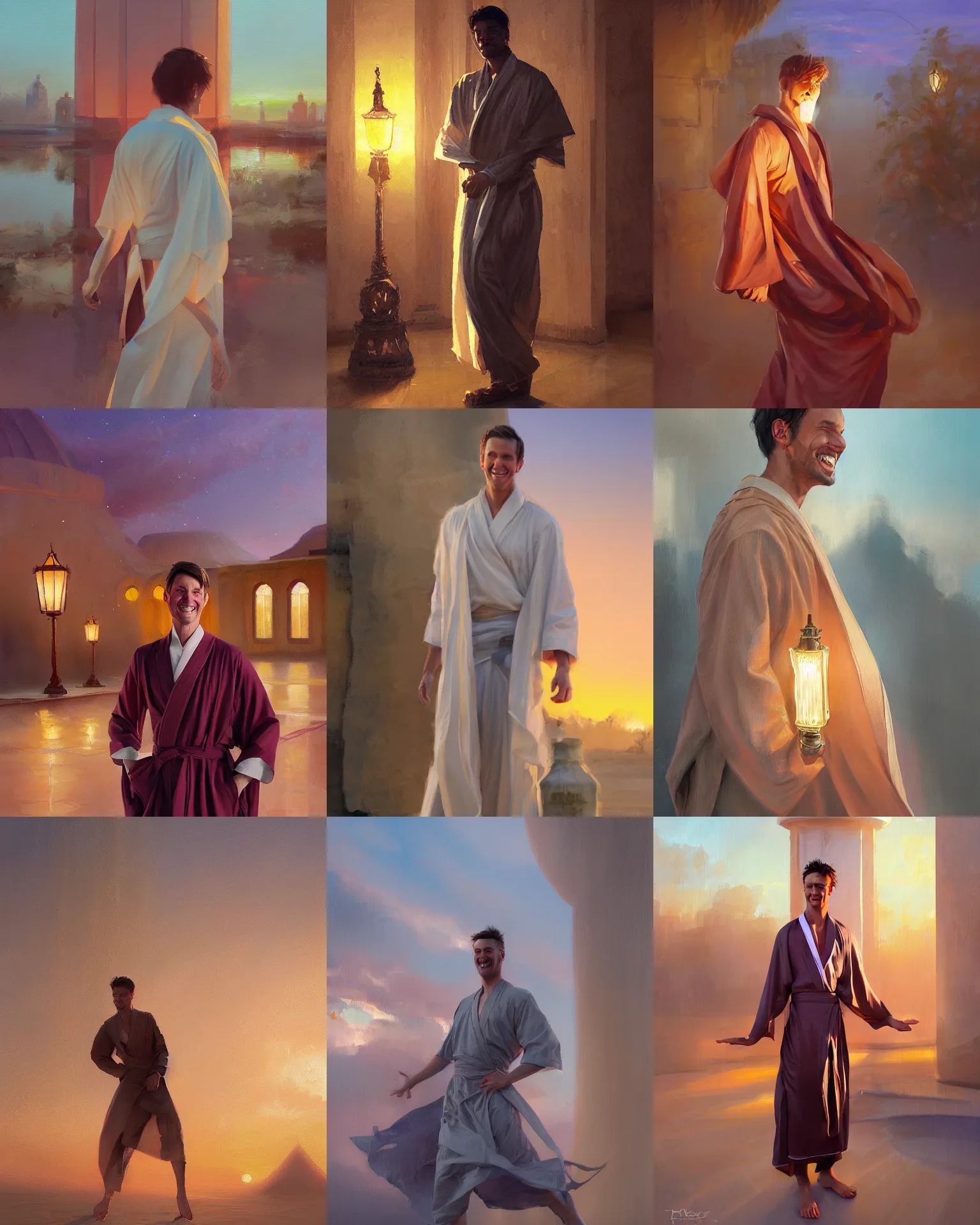 Prompt: portrait of a happy male dancer, wearing flowing robes, in a futuristic desert palace, sunset and lamplight, painting by krenz cushart