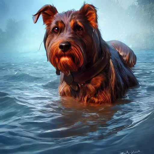 Prompt: dog in the water, stylized, artgerm, artstation, hd, cgsociety, cgi, realistic, dramatic, cinematic, artistic, trending, detailed