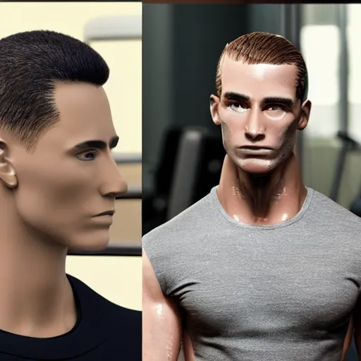 Image similar to a realistic detailed photo of a guy who is an attractive humanoid who is half robot and half humanoid, who is a male android, attractive and handsome joggers, shiny skin, posing like a statue, blank stare, in a gym, on display, showing off his muscles, wearing gym shorts, side view, looking at each other mindlessly