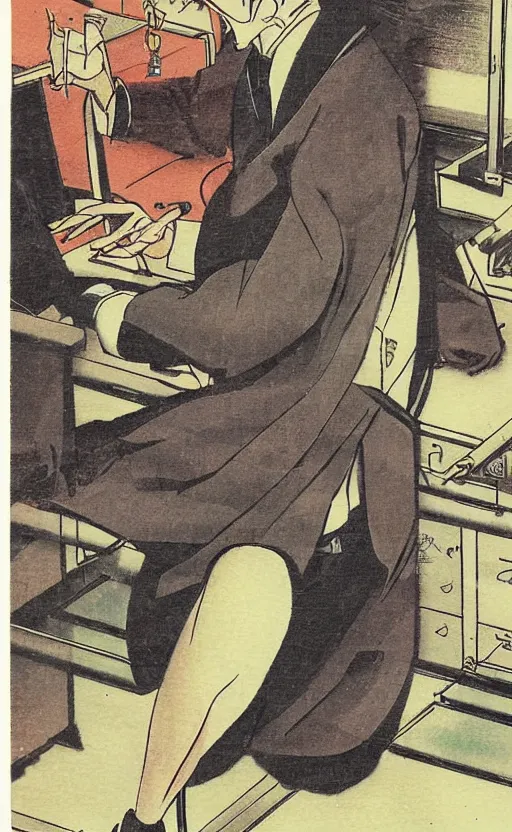 Prompt: by akio watanabe, manga art, a male calligrapher working, vintage desk, traditional colors, trading card front, realistic anatomy