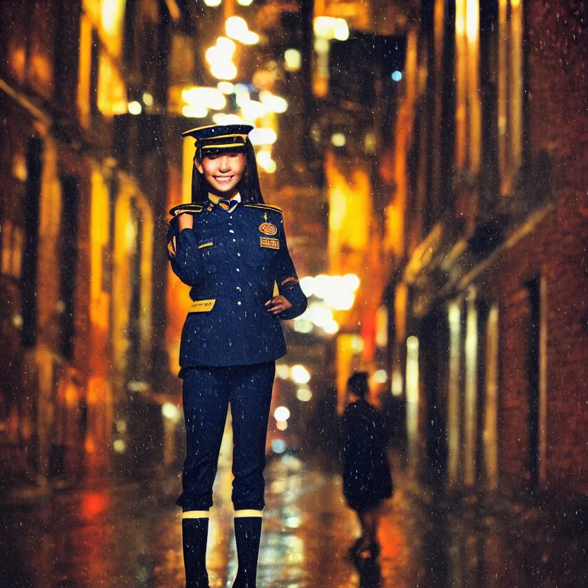 Image similar to night flash portrait photography of a high school girl in uniform on the lower east side by annie leibovitz, colorful, nighttime!, raining!