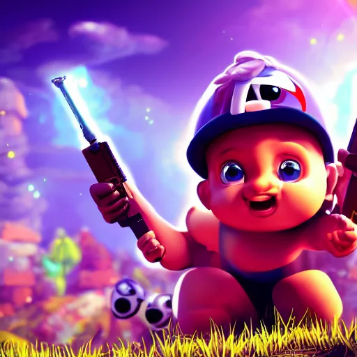 Image similar to video game poster featuring a cartoon baby, dramatic lighting, highly detailed, 4 k