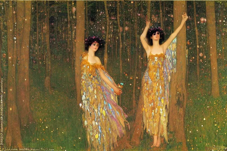 Image similar to dance of fairies in a forest at night, glowing, painting, muted colors, magical, by klimt, by alphonse mucha, by john william waterhouse