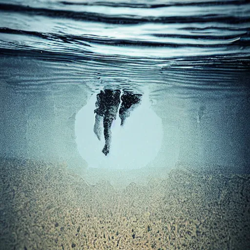 Image similar to top down photograph looking into a puddle, a shriveled old man is staring up from under the surface of the water