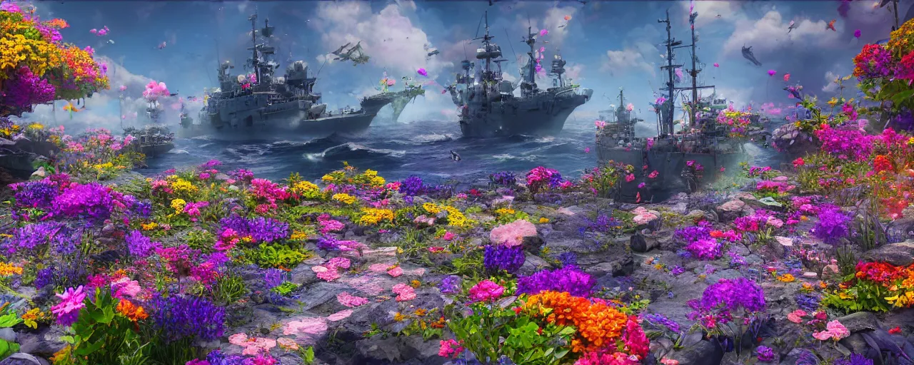 Prompt: a fantasy battle ship fly upon a sea of flowers, wide apertture, colorful, trending on artstation, 8 k resolution, ultra detailed, hyperrealism, unreal engine render