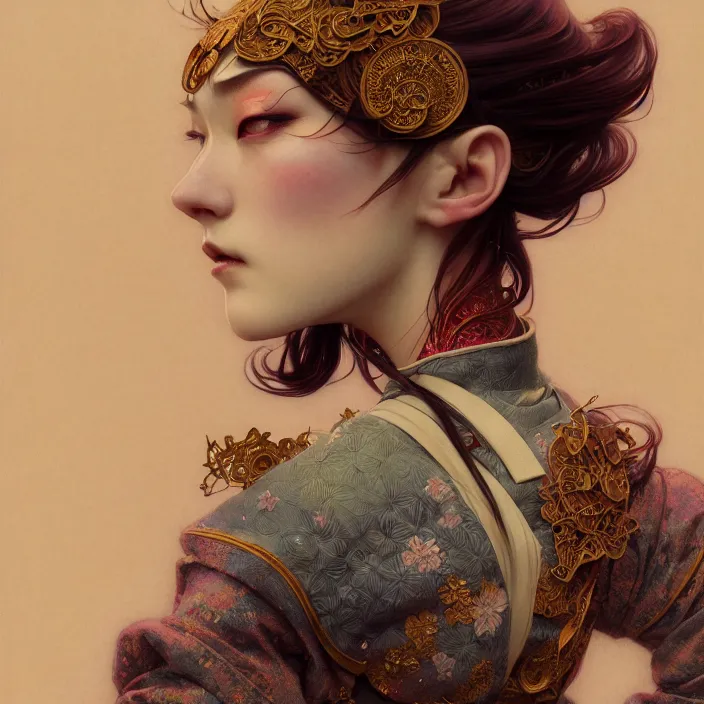 Prompt: fabric cyborg, Japanese kimono, diffuse lighting, fantasy, intricate, elegant, highly detailed, lifelike, photorealistic, digital painting, artstation, illustration, concept art, smooth, sharp focus, art by John Collier and Albert Aublet and Krenz Cushart and Artem Demura and Alphonse Mucha