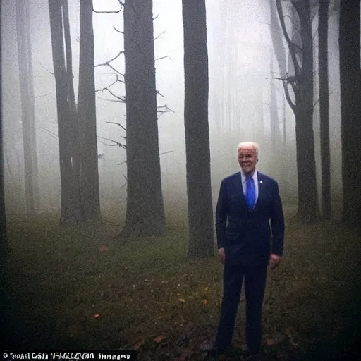 Image similar to joe biden with 4 arms, standing ominously barely in view far into the foggy woods with a demonic wide smile in his face, low quality iphone photo, creepy