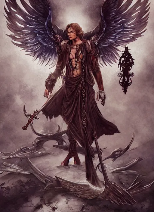 Prompt: Sam Winchester as a strong angel with a big cross pendant and religious tattoos on chest and neck, big Angel wings wide open, stained and bleeding, D&D!, fantasy style, sharp focus!, ultra detailed, art by Artgerm and Peter Andrew Jones, Ayami Kojima