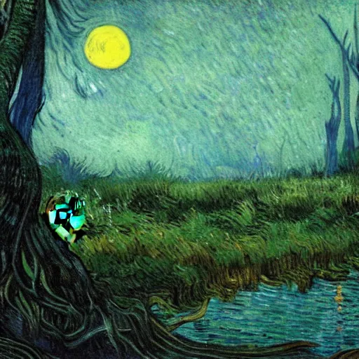 Prompt: highly realistic scenic painting of a towering misty dark fantasy forest surrounding a pond, a rusalka sits on the roots of an ancient tree looking up at the moon, spooky fog, looming trees, beautiful fantasy painting hd, painting by van gogh