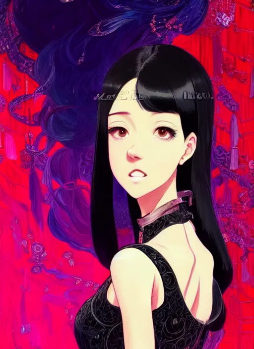 Image similar to a beautiful girl with black hair in 2020's fashion, ballroom background, intricate, highly detailed, digital painting, artstation, official media, anime key visual, concept art, rich vivid colors, ambient lighting, sharp focus, illustration, art by Artgerm, Makoto Shinkai, Ilya Kuvshinov, Lois Van Baarle, and Rossdraws