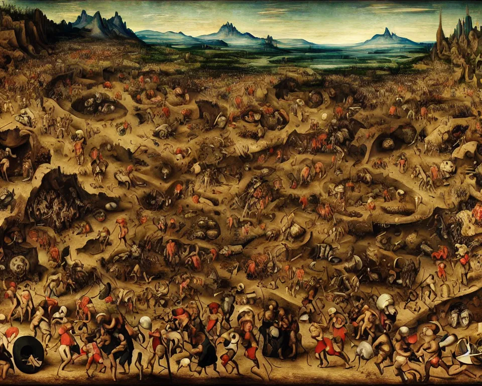 Image similar to doom eternal concept art by pieter brueghel, garden of eternal delights hell by hieronymus bosh, triumph of death by pieter brueghel