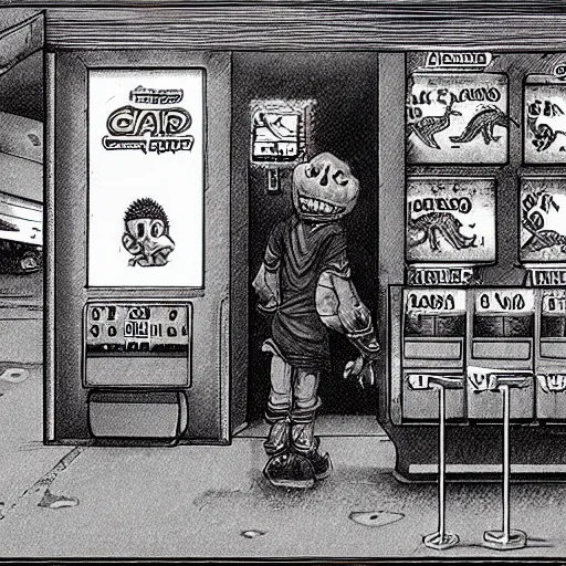 Image similar to a man inside of a gas station trying to buy a dinosaur, by kentaro miura