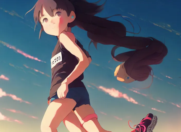 Image similar to cute runner girl, smoky sunny sky background stadium landscape illustration concept art anime key visual trending pixiv fanbox by wlop and greg rutkowski and makoto shinkai and studio ghibli and kyoto animation sports clothing marathon running shoes