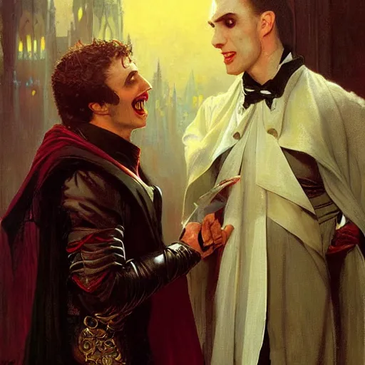 Image similar to attractive male, arthur pendragon confesses his love to attractive male dracula the vampire. highly detailed painting by gaston bussiere, craig mullins, j. c. leyendecker 8 k