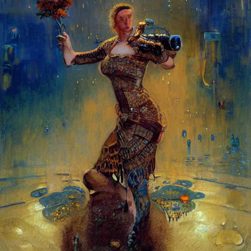 Image similar to portrait of an otter wearing a flower dress. shadowrun cyberpunk fantasy highly detailed painting by gaston bussiere craig mullins jc leyendecker gustav klimt artgerm greg rutkowski john berkey, bergey, craig mullins, ruan jia, raymond swanland, jeremy mann, tom lovell, alex malveda