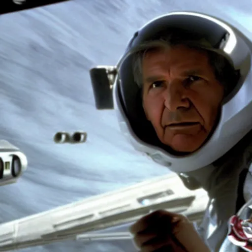 Prompt: A still of Harrison Ford in the new Battlestar Galactica (2003), piloting a colonial viper spacecraft, front-view
