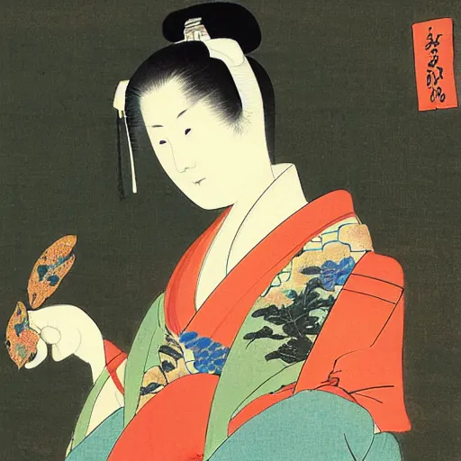 Prompt: painting of a 1 8 th century japanese woman holding a koi fish, colorful, by goshun matsumura, by toyohiko okamoto, by keibun matsumura