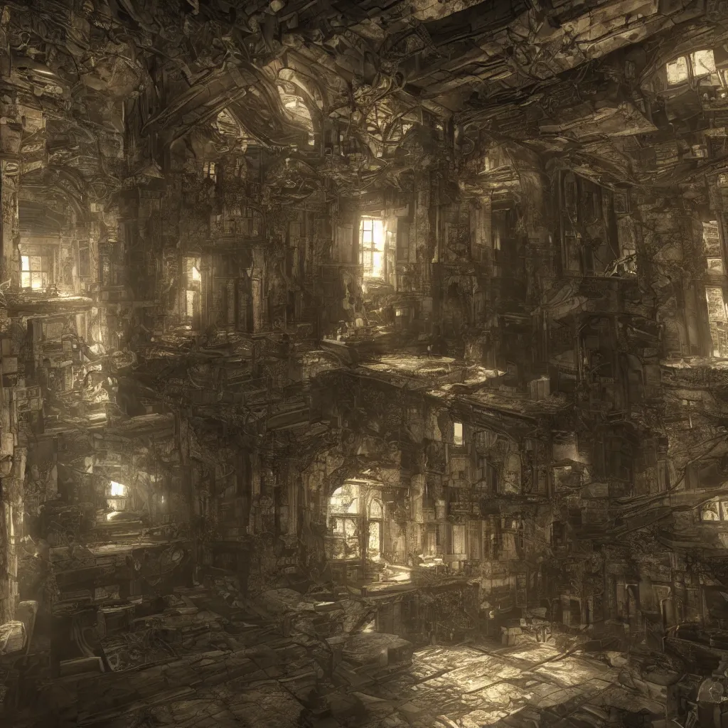 Image similar to interior mazelike architecture from quake, lovecraftian, liminal space, moody lighting, unreal engine 5, hyper detailed, hyper realistic