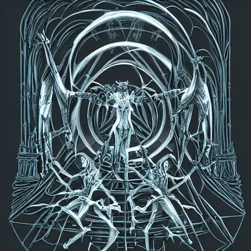 Image similar to In the center of the sculpture is a large gateway that seems to lead into abyss of darkness. On either side of the gateway are two figures, one a demon-like creature, the other a skeletal figure. vector art, cyanotype by Greg Land flowing