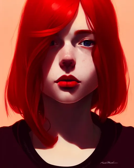 Prompt: a detailed portrait of a beautiful woman with red hair and freckles by ilya kuvshinov, digital art, dramatic lighting, dramatic angle