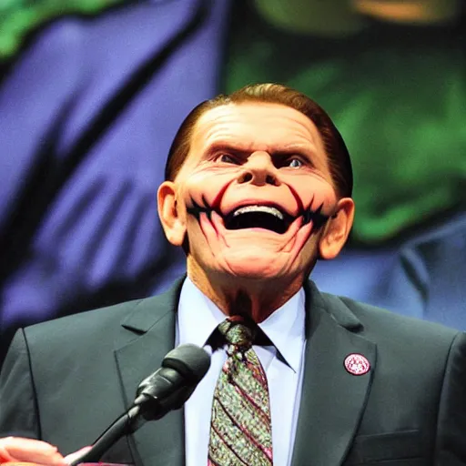 Prompt: pastor kenneth copeland cosplaying as the joker on his megachurch pulpit