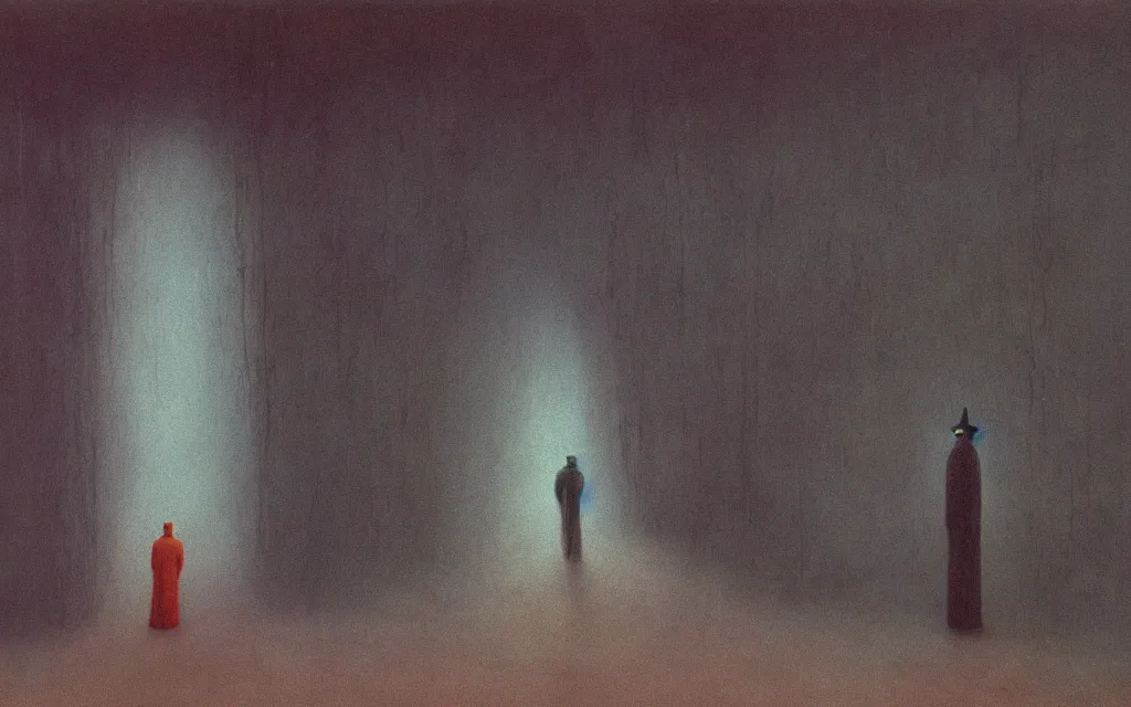 Image similar to high quality high definition colorized movie still from The Cabinet of Doctor Caligari: a lonely ghost walking alone at night in the woods, high quality oil painting by zdzisław beksiński, iridescent color palette