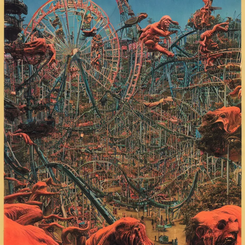Image similar to an amusement park with rollercoasters, rides, a ferris wheel, and attractions, by richard corben, zdzisław beksinski. goosebumps cover art. pulp horror art.